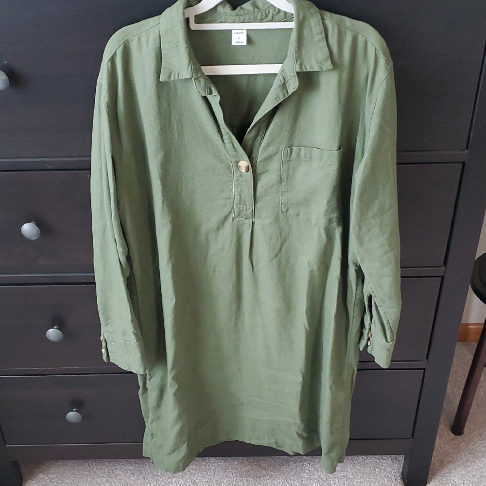 Green Linen Blend Button-Up Tunic Dress